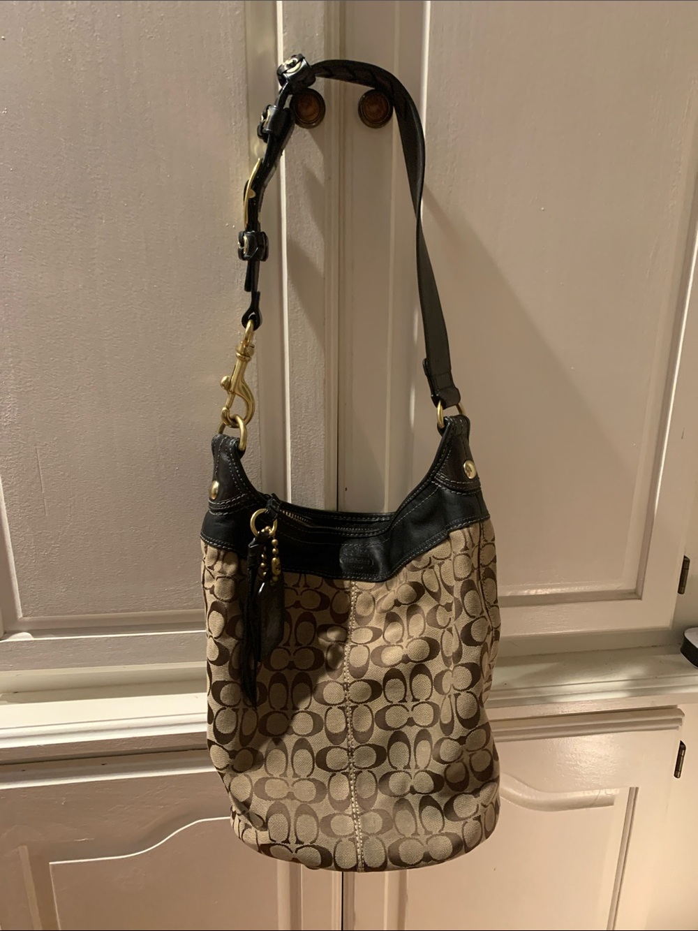 Coach Beige and Black Signature Canvas Hobo